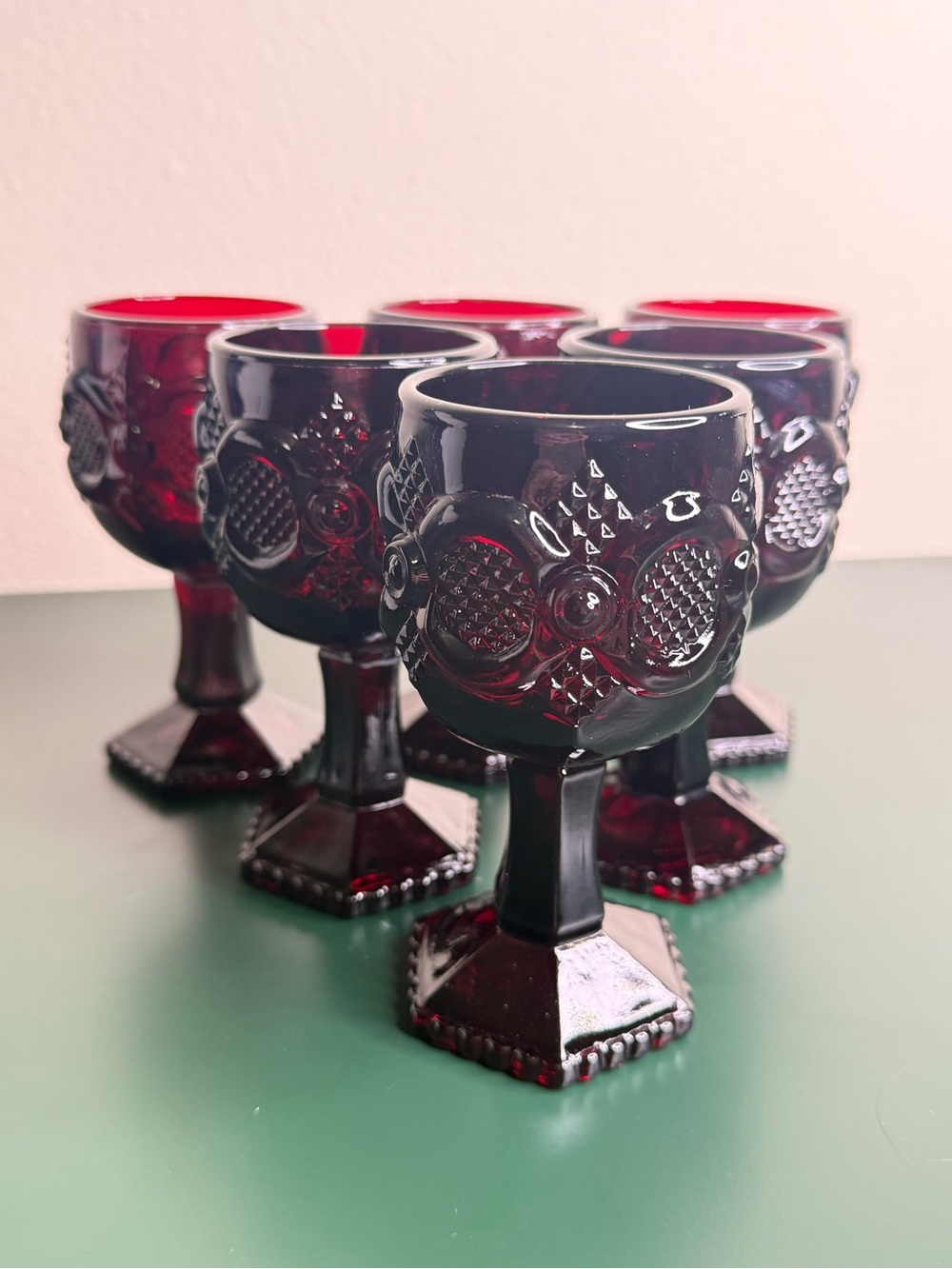 Vintage Avon Cape Cod Ruby Red Goblets Set of 6 1876 Wine Glasses Gothic Witchy